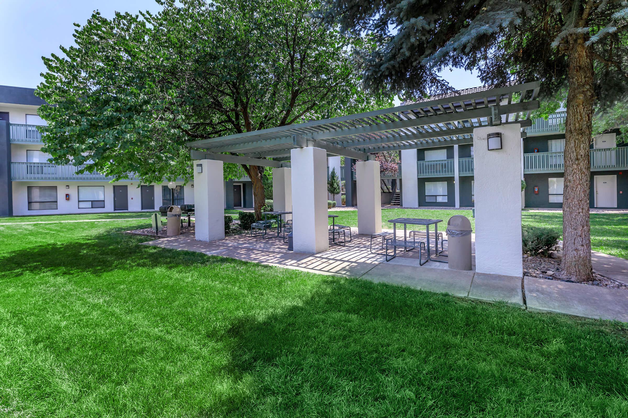 BBQ Picnic Areas with Bistro Lighting - Treehouse Apartments - Albuquerque - New Mexico