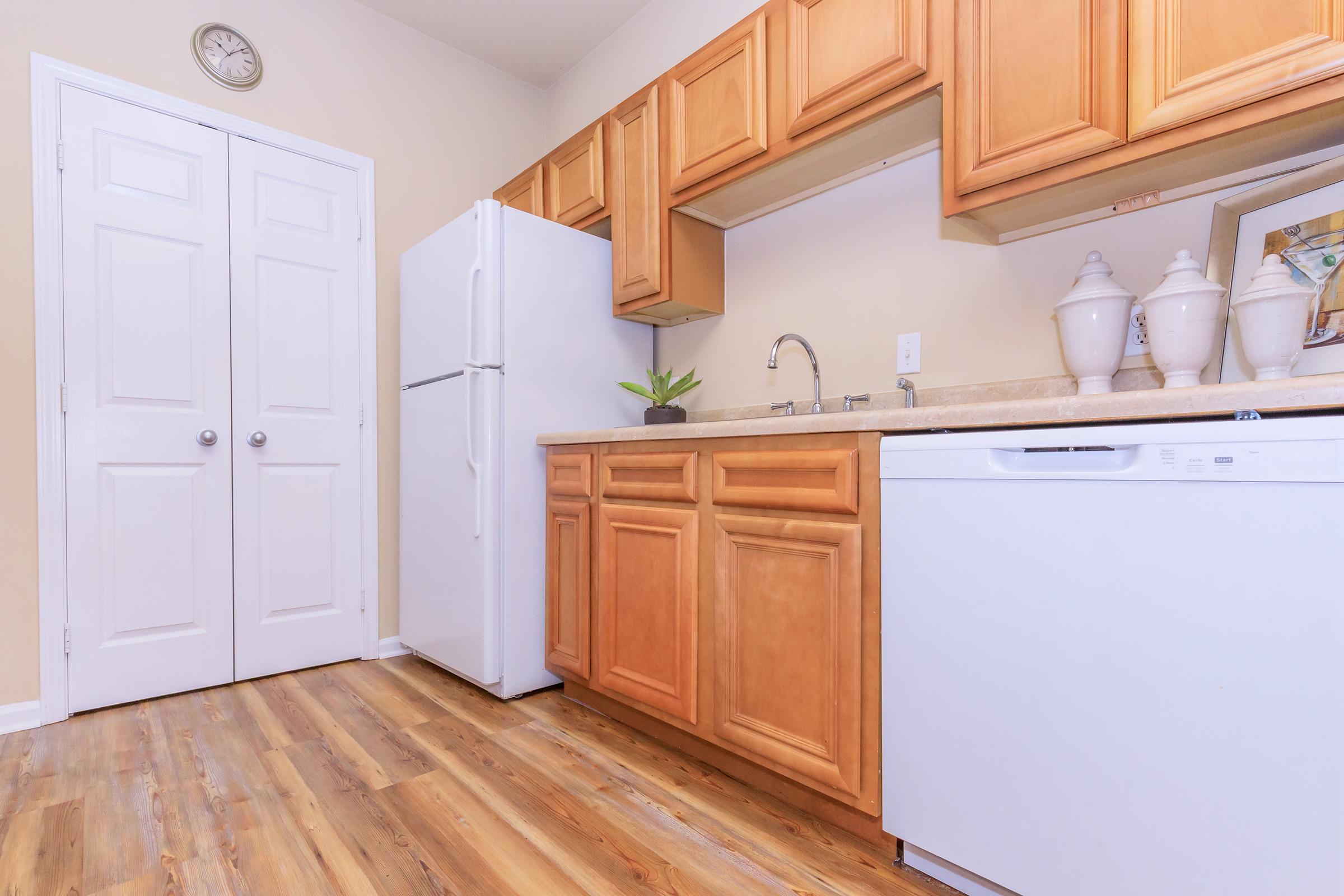 A bright kitchen featuring wooden cabinets, a white refrigerator, and a dishwasher. The countertop is clear, and a small green plant is placed near the sink. Light wooden flooring complements the decor. A clock is mounted on the wall, and the space appears clean and organized.