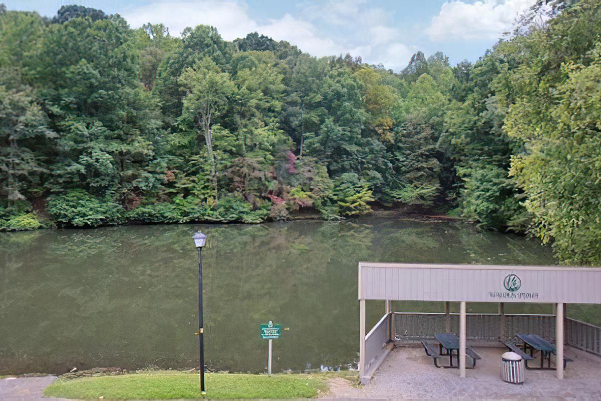 an empty park bench next to a body of water