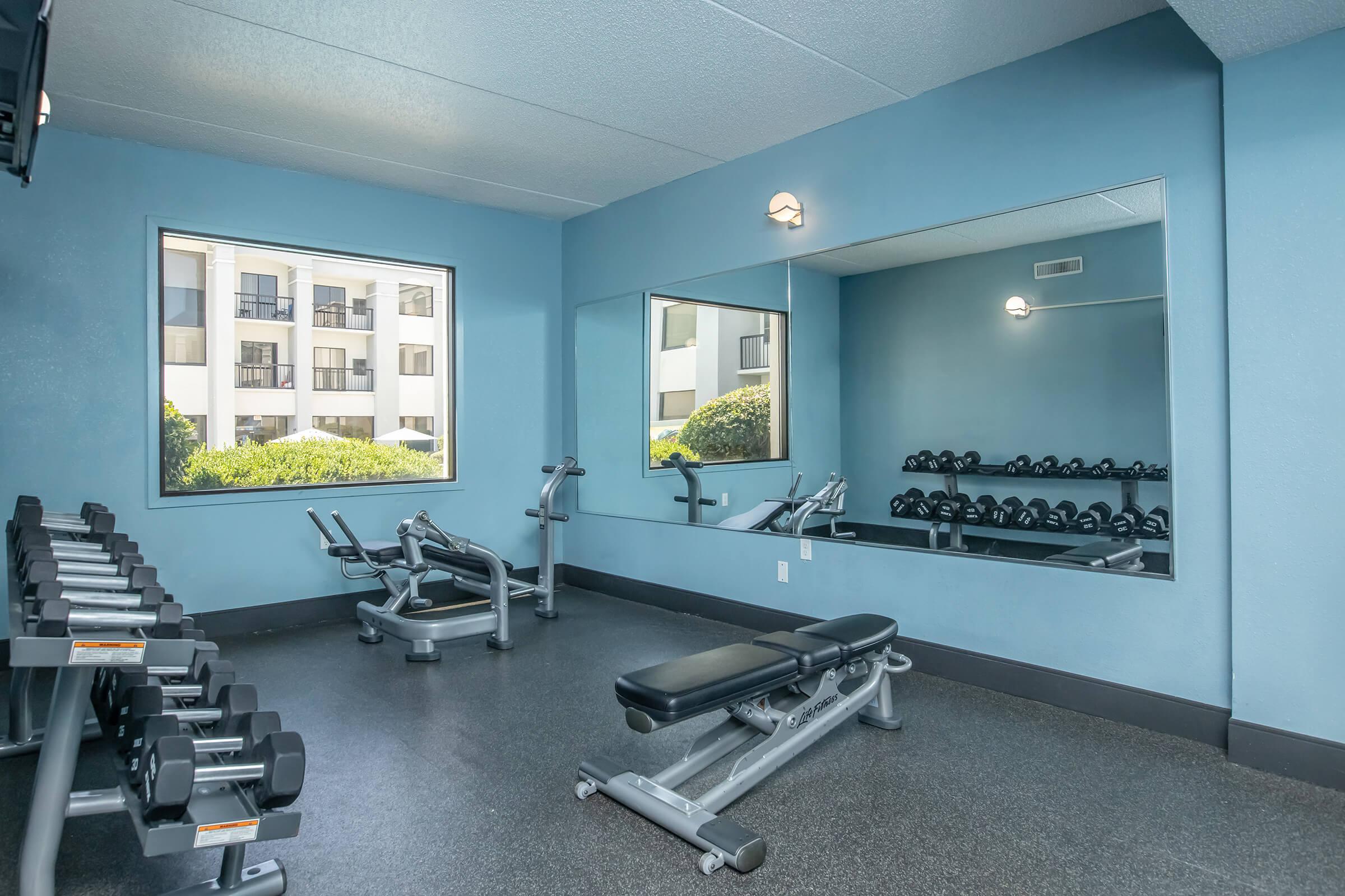 A fitness room featuring a bench, various weights, and exercise equipment. Large windows provide natural light, and there are mirrors for workout reflections. The walls are painted in a calming blue, creating an inviting atmosphere for exercise.