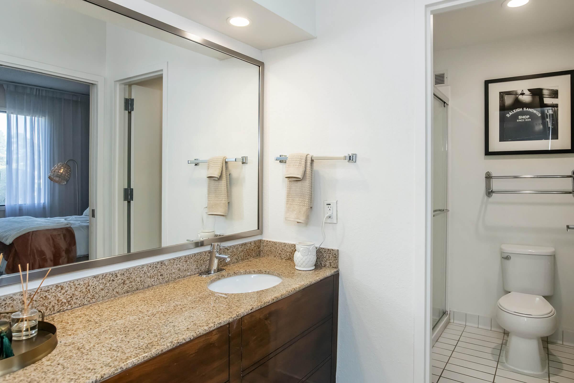 A modern bathroom featuring a double sink with a granite countertop, a large mirror above the sink, and two towel racks. To the right, there's a glimpse of a shower area and a toilet in a separate stall. Soft lighting complements the neutral-colored walls and cabinetry.
