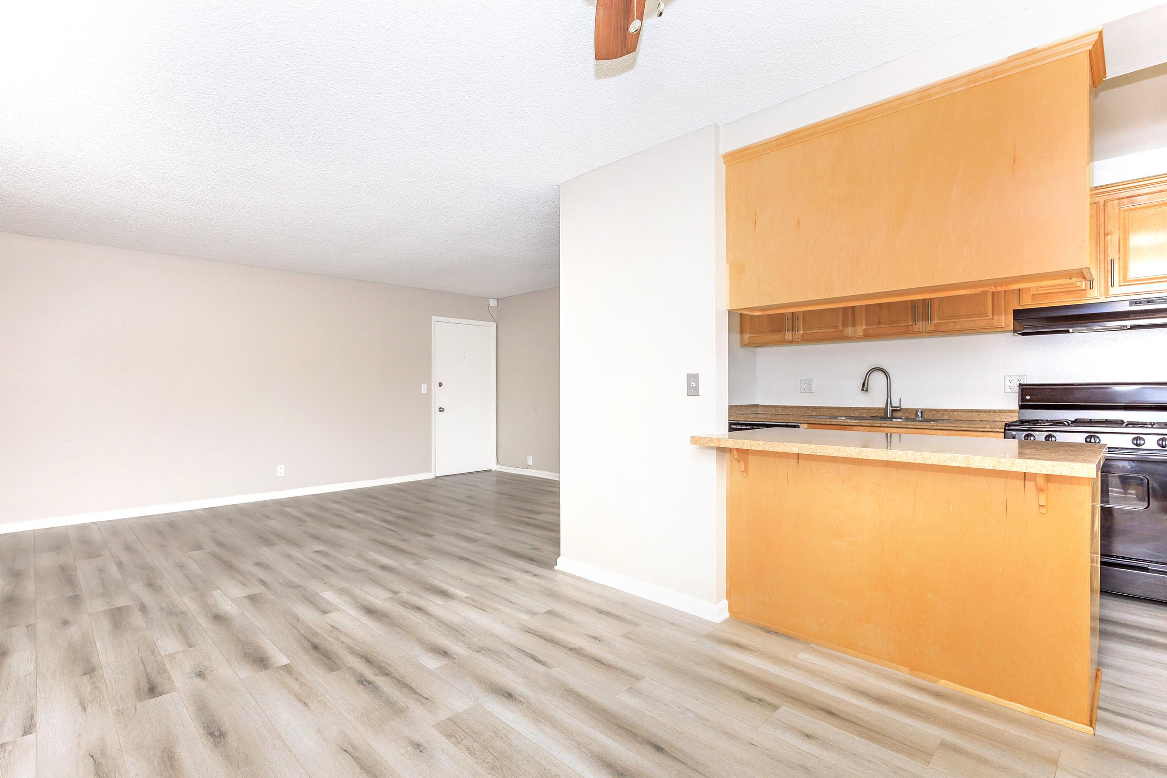 a kitchen with a wood floor