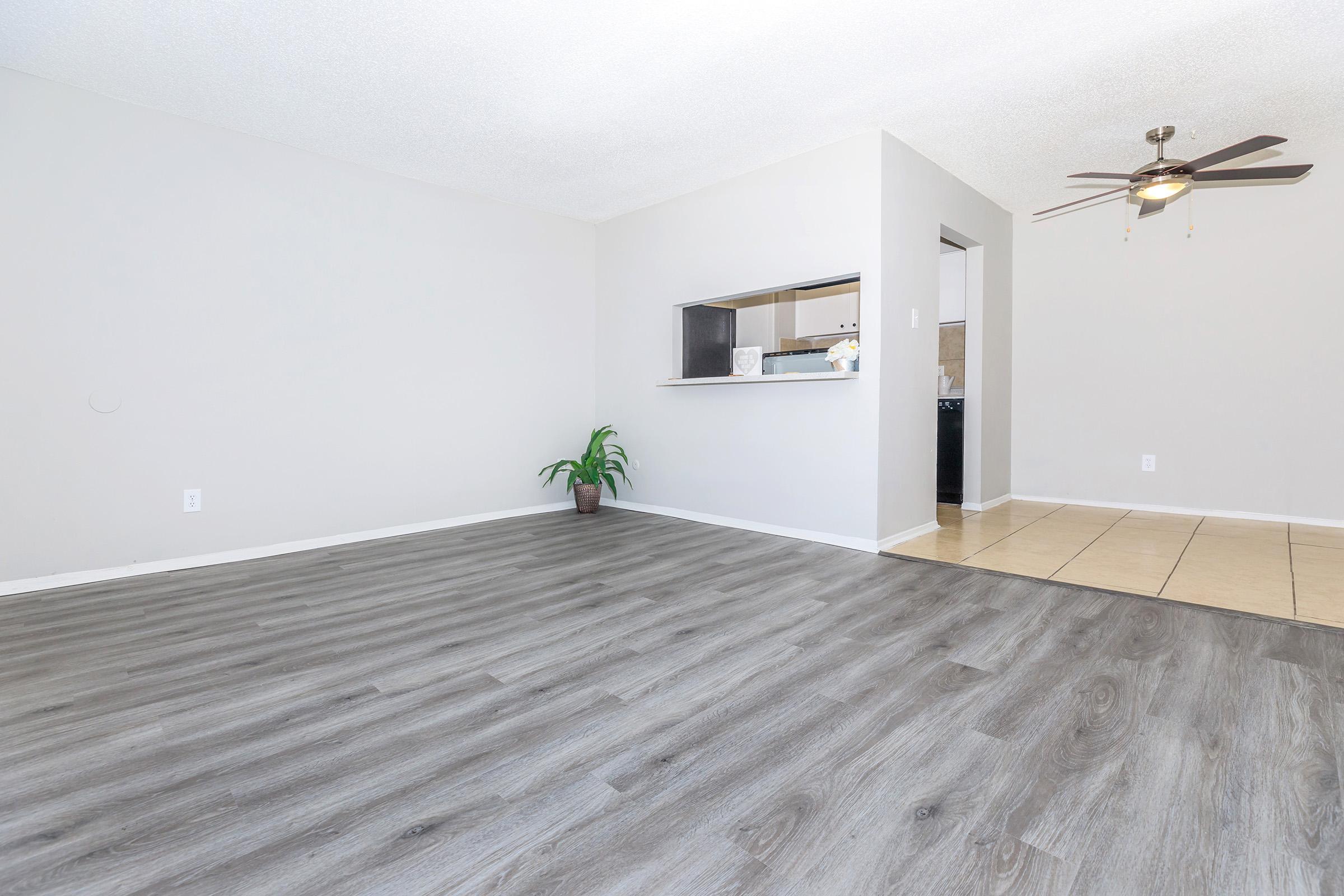 Spacious living room with light gray walls and a large area of laminate flooring. A small potted plant sits in the corner. To the right, there is an open space leading to a kitchen with tiled flooring and a ceiling fan above. Bright and airy atmosphere with ample natural light.