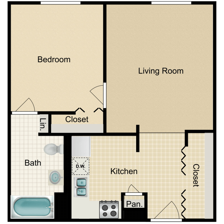 One Bedroom One Bath floor plan image