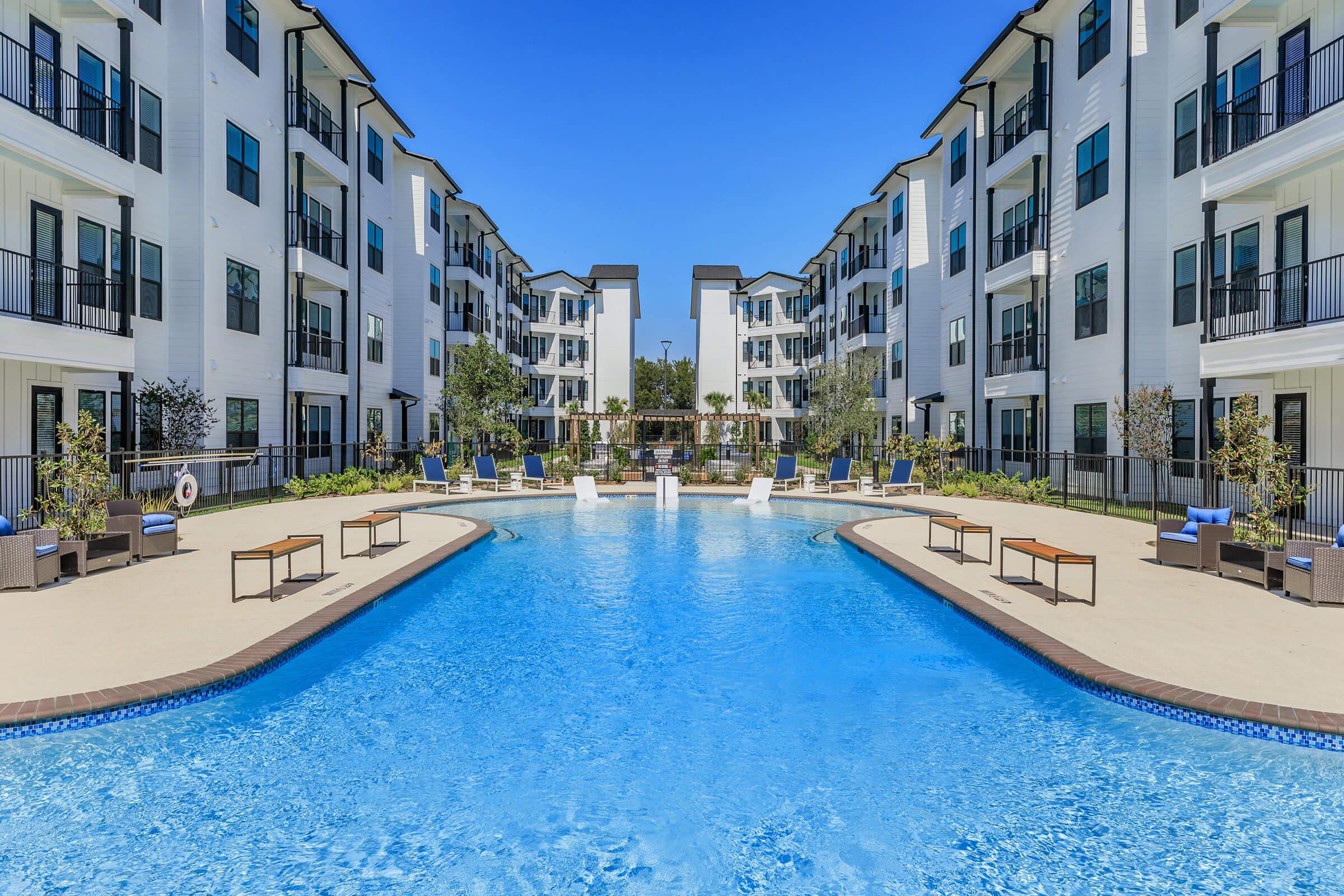 a building with a pool of water