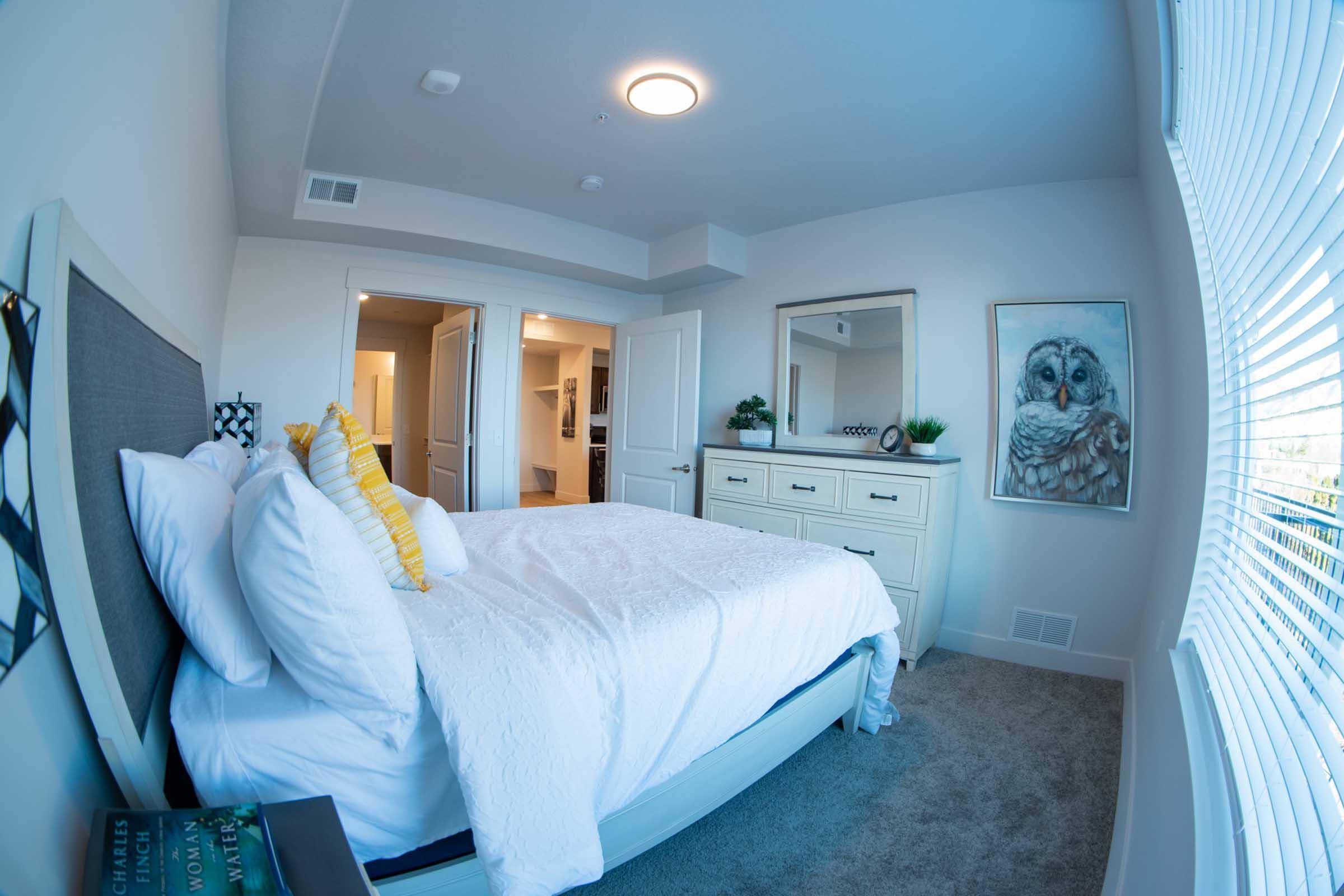 A well-decorated bedroom featuring a cozy bed with white linens and yellow accent pillows, a white dresser, and a mirror. There are two open doorways leading to other rooms, and a large artwork of an owl is hung on the wall. Natural light streams in through the window, highlighting the soft gray carpet.