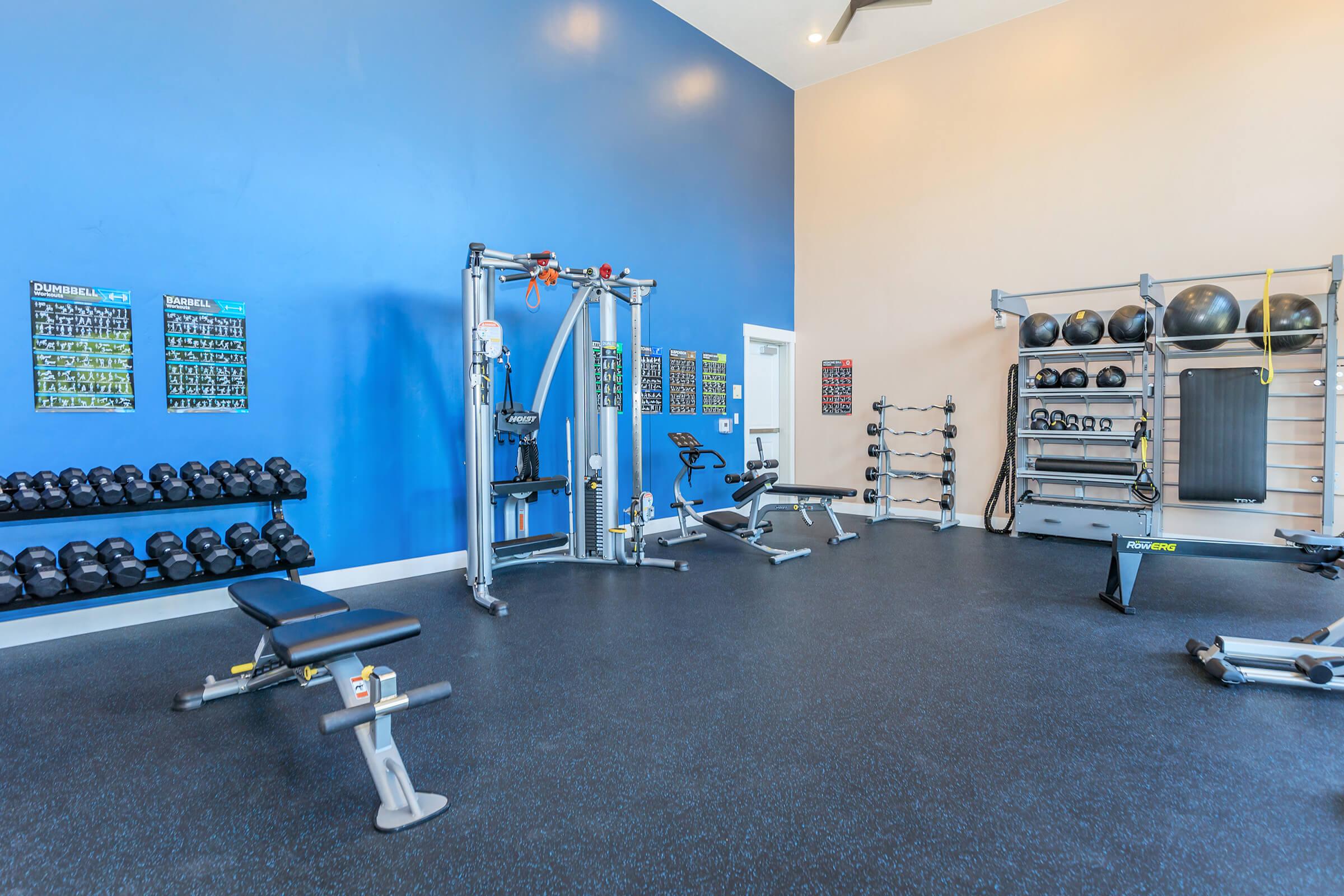 A modern gym interior featuring a variety of workout equipment. There's a weight bench, a multi-purpose machine, dumbbells neatly organized on a rack, stability balls on a shelf, and exercise charts on the walls. The flooring is black rubber, and the walls are painted in light blue and beige colors.