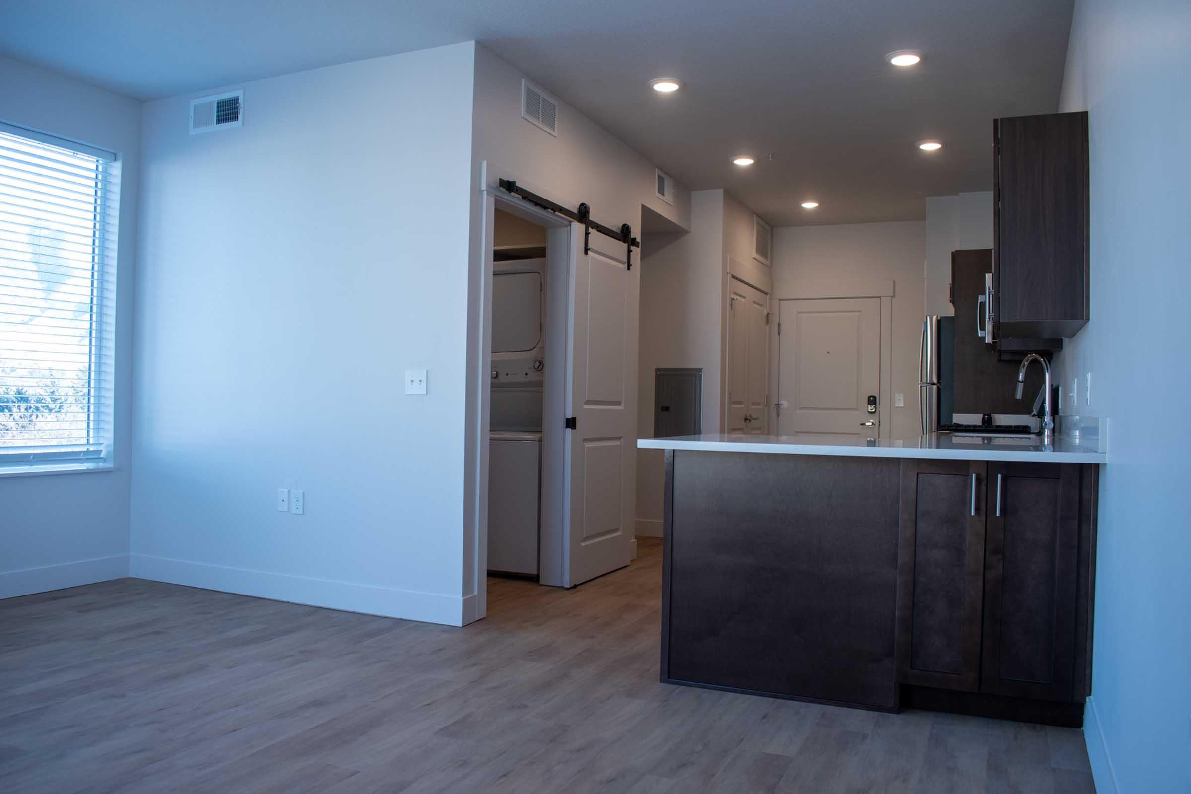 A modern, well-lit interior of a small apartment featuring a kitchenette with dark cabinets, a countertop, and stainless steel appliances. There is a door leading to a laundry area and an entrance door visible. Large windows provide natural light, and the flooring is light wood.