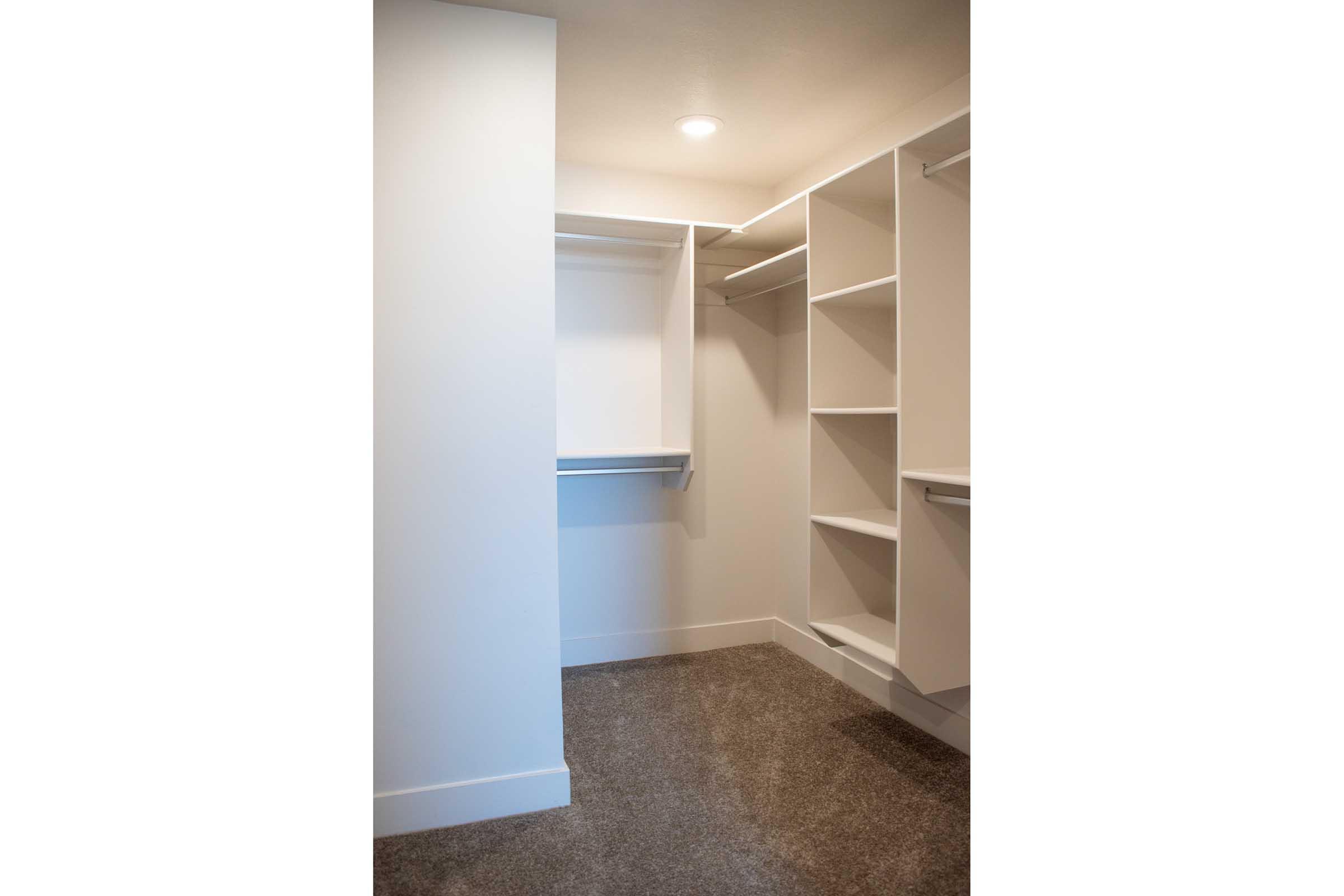 A spacious, empty walk-in closet featuring white walls, LED ceiling lighting, and built-in shelving units. The floor is covered with a plush carpet, and the room has a minimalist design, highlighting the ample storage space available.