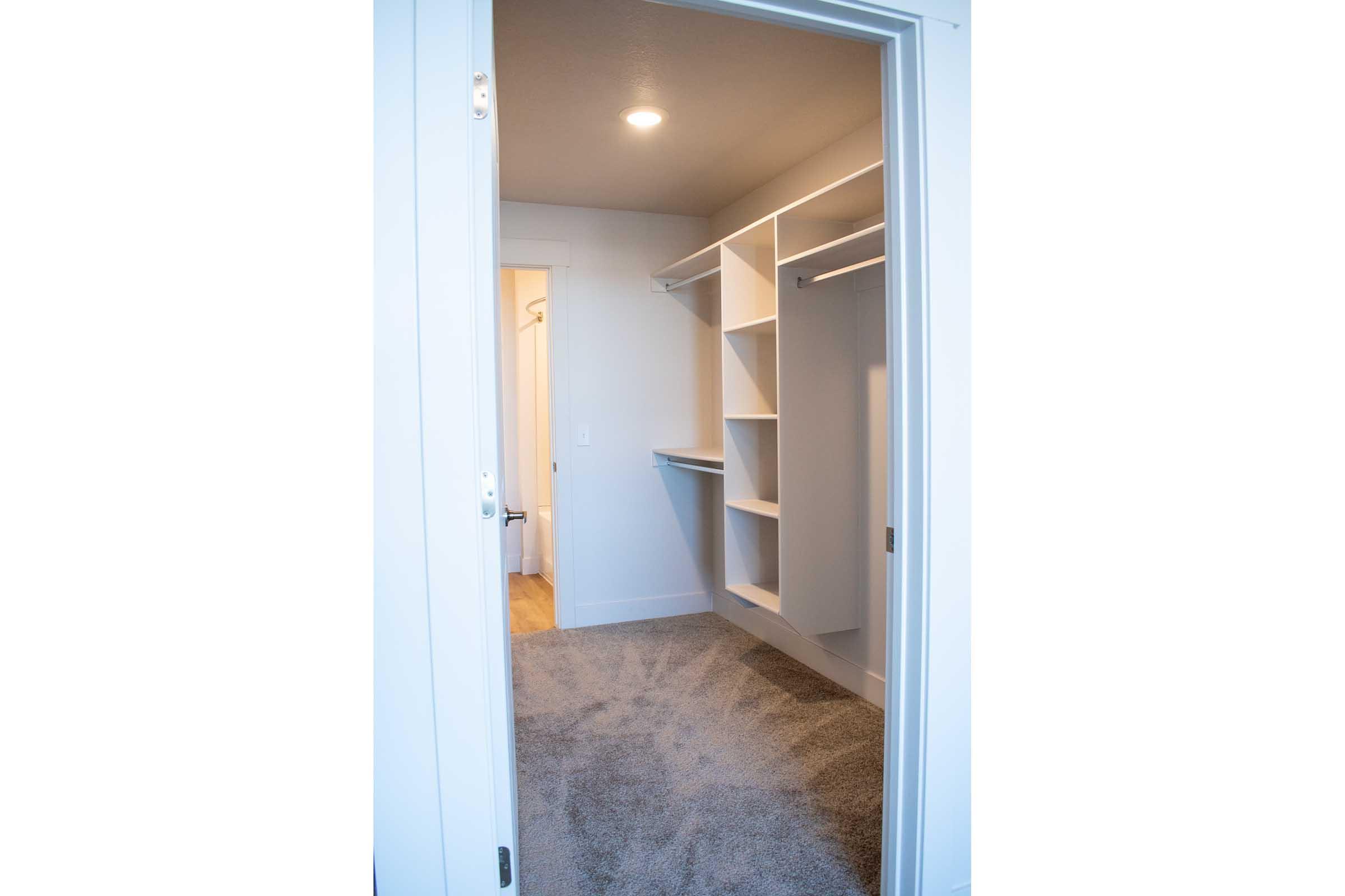 A walk-in closet viewed from the doorway, featuring built-in shelves and hanging rods. The space has soft carpet flooring and a light fixture illuminating the room. A door is slightly visible at the back, suggesting access to another area. The walls and shelves are painted white, giving a clean and modern appearance.