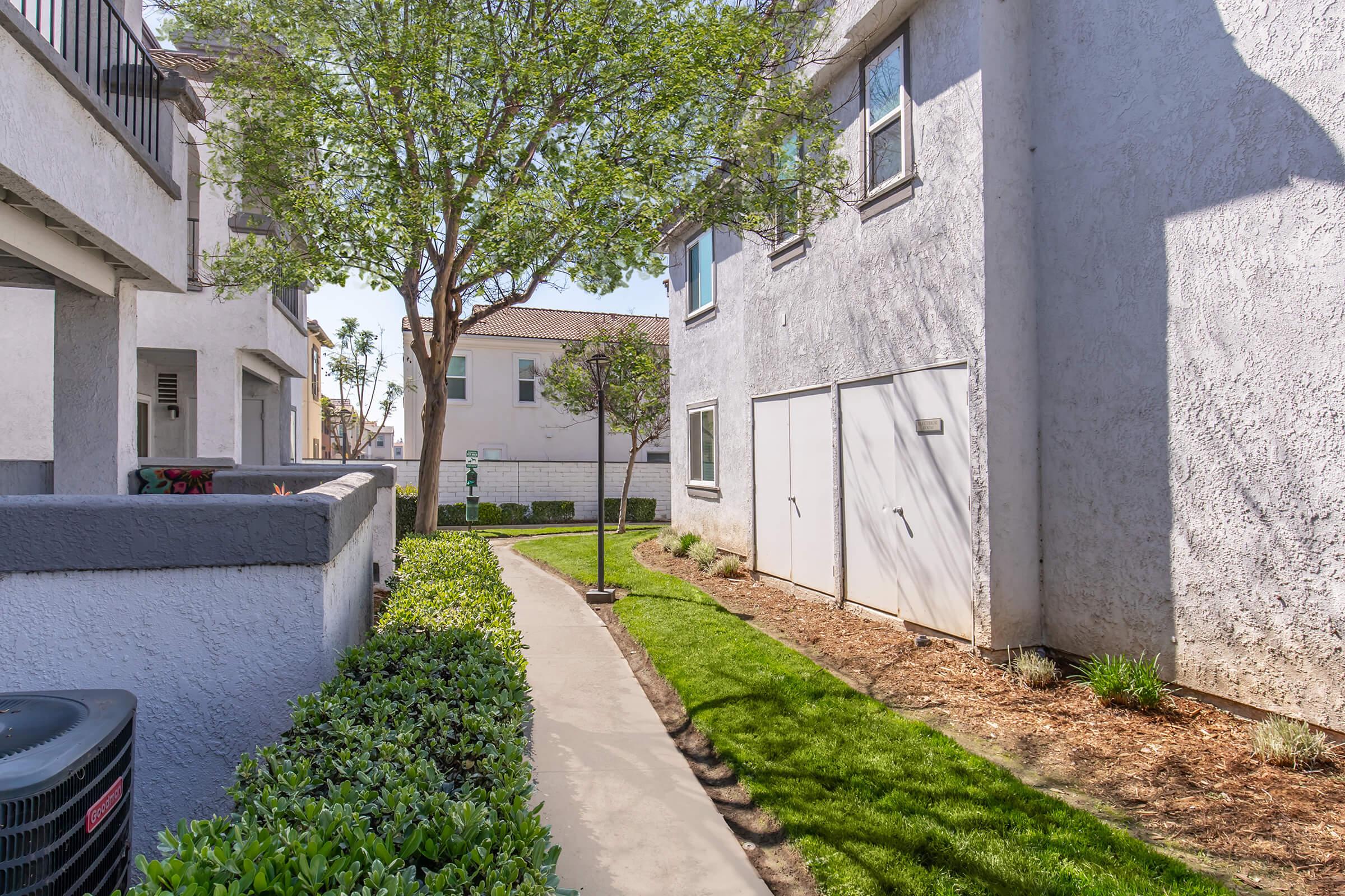 A narrow pathway lined with greenery leads beside a gray building with multiple windows. A small tree is visible along the path, and the scene is bright and sunny, creating a peaceful residential atmosphere.