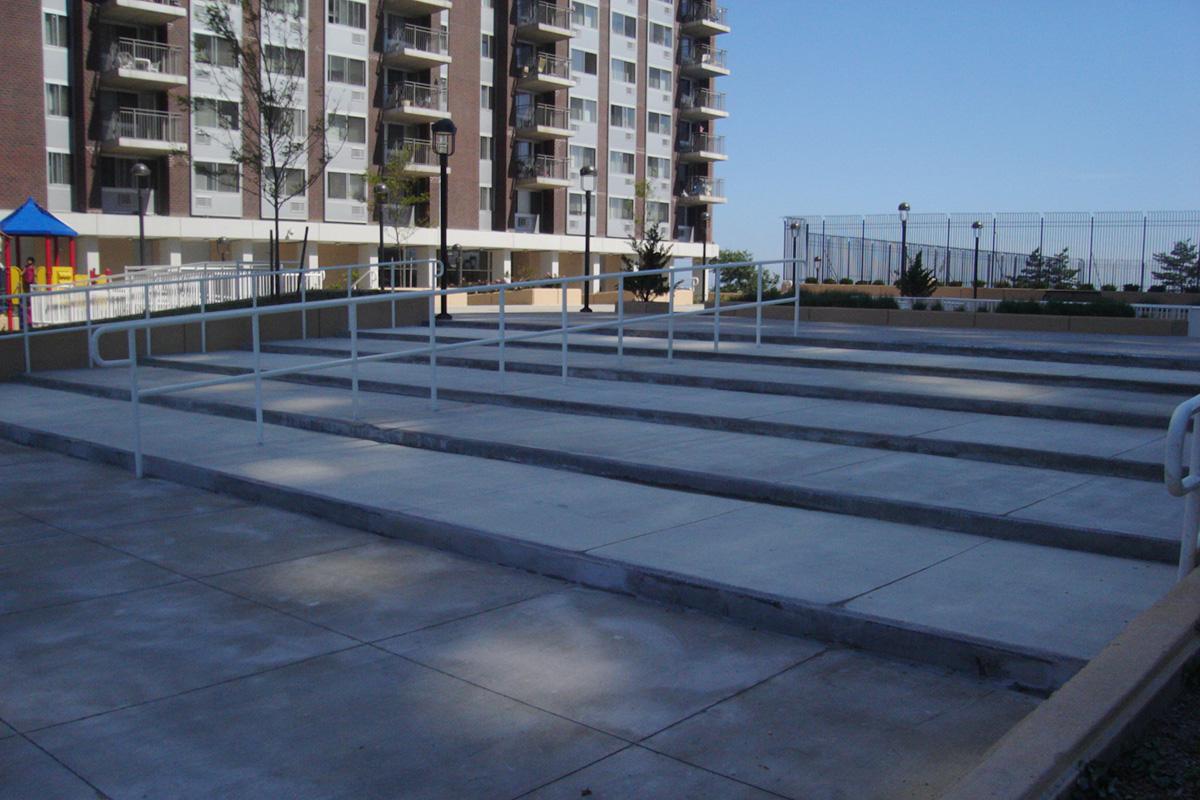 a bench in front of a building