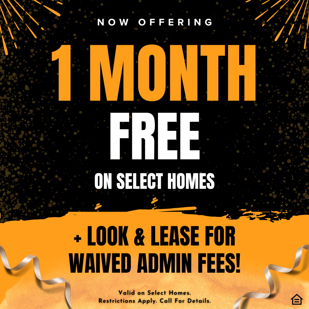 Promotional graphic with a festive black background featuring orange fireworks and confetti. Large text reads "NOW OFFERING 1 MONTH FREE ON SELECT HOMES". Below this, on an orange banner with ribbons, it says "+ LOOK & LEASE FOR WAIVED ADMIN FEES!". Smaller text at the bottom states "Valid on Select Homes. Restrictions Apply. Call For Details." with an Equal Housing Opportunity logo in the corner.