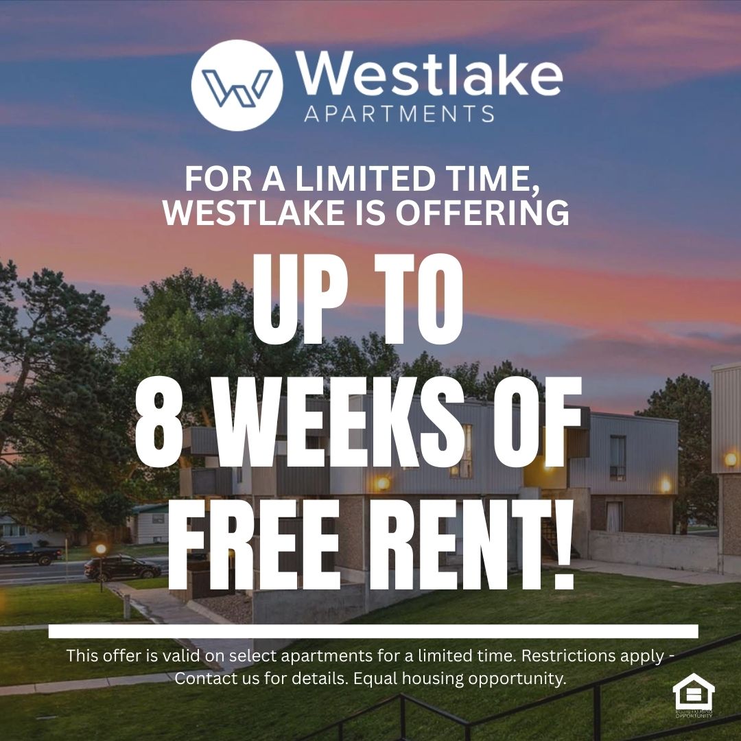 Ariel view of Greeley Colorado in Autumn text reads for a limited time WESTLAKE is offering up to 8 weeks of free rent This offer is valid on select apartments for a limited time Restrictions apply Contact us for details Equal housing opportunity