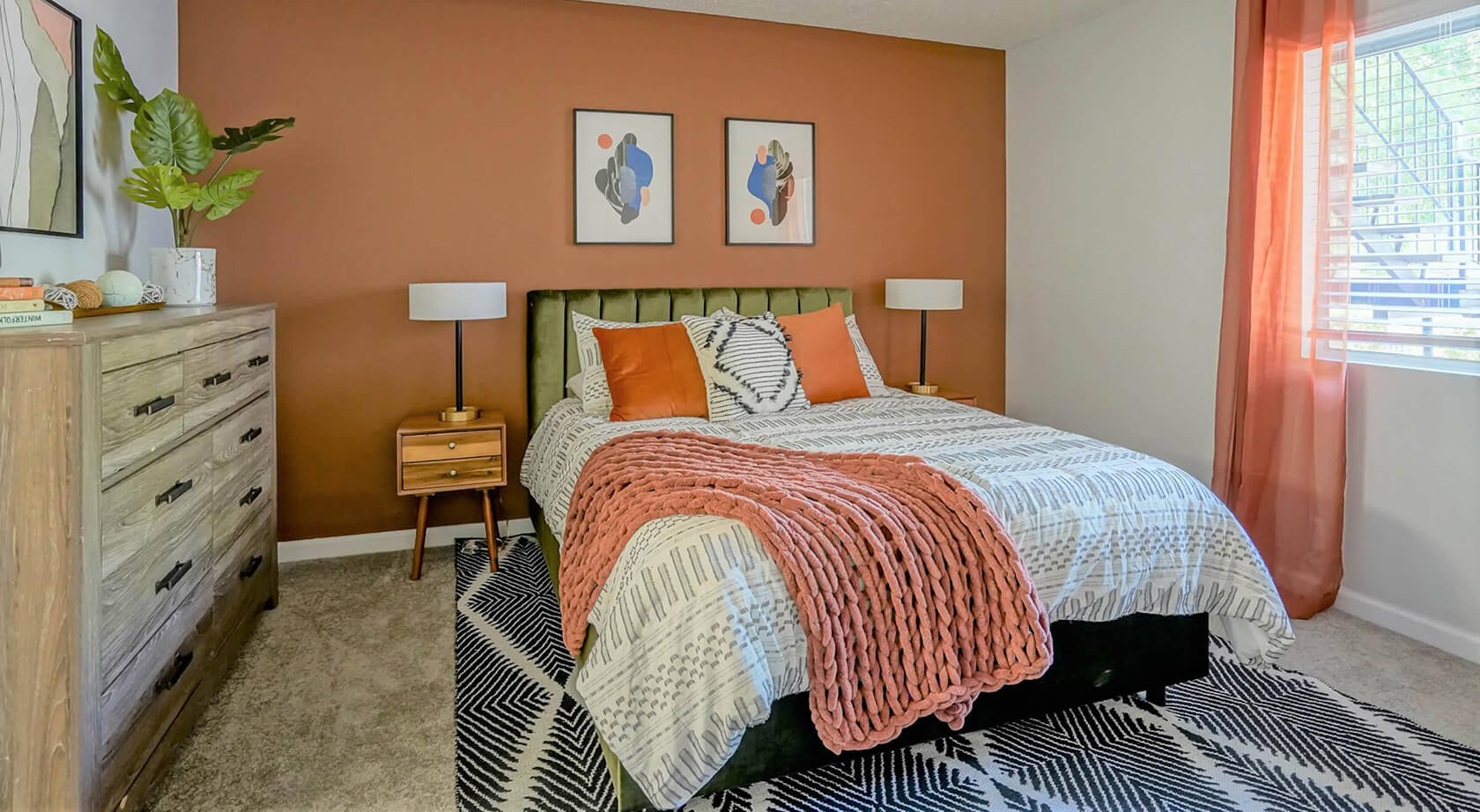 Fully furnished bedroom interior at Treehouse in Albuquerque, New Mexico