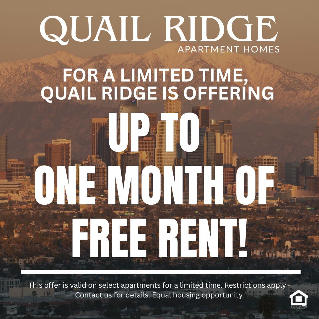 Marketing promotional graphic background is a photo of Las Vegas text reads for a limited time Quail Ridge is offering up to one month of free rent This offer is valid on select apartments for a limited time. Restrictions apply - Contact us for details. Equal housing opportunity