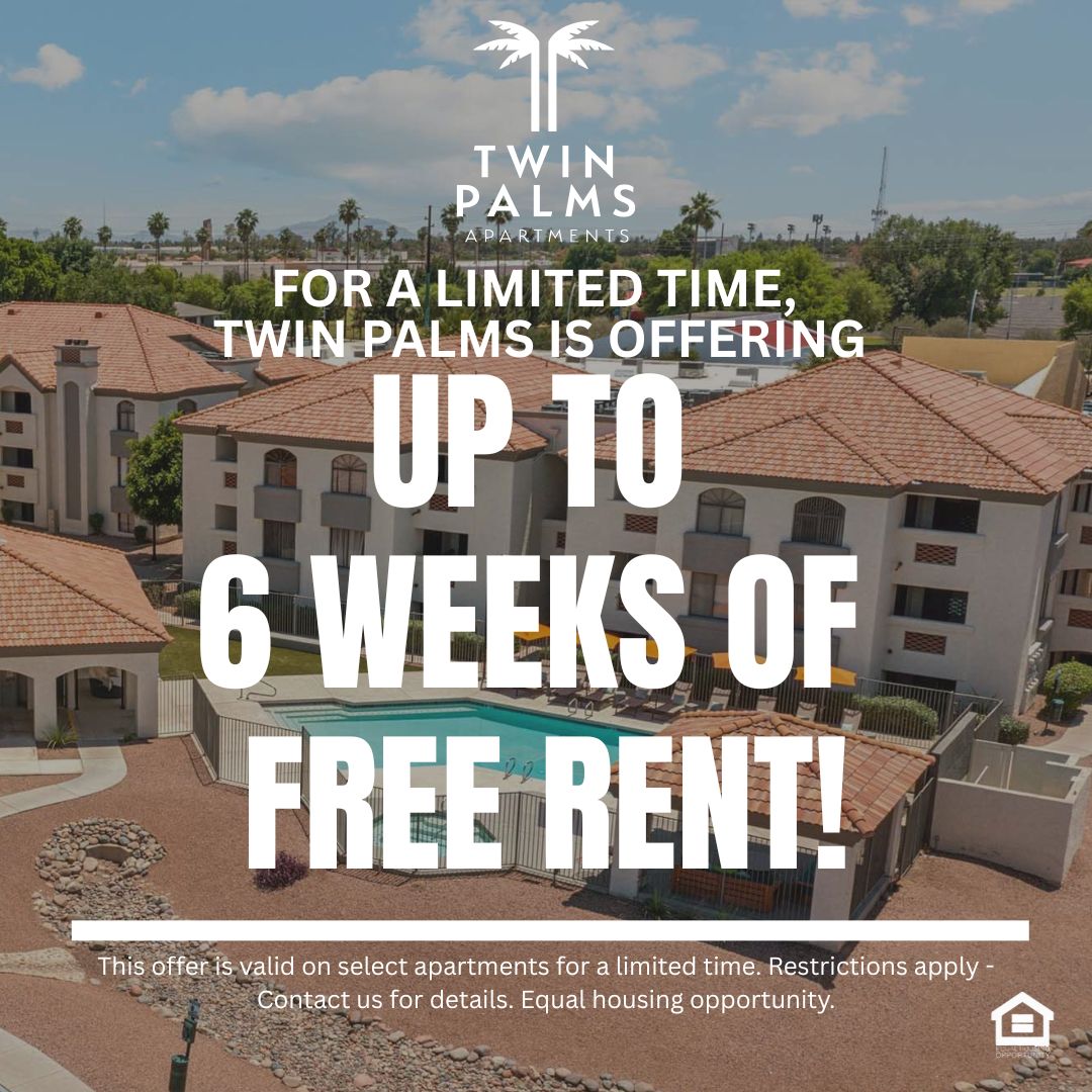 Panoramic view of the property with a pool in the center the buildings are surrounding the pool with a blue sky above text reads for a limited time twin palms is offering up to 6 weeks of free rent This offer is valid on select apartments for a limited time. Restrictions apply - Contact us for details. Equal housing opportunity