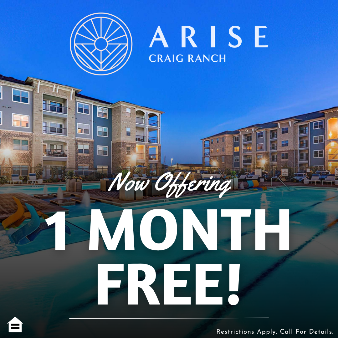 A promotional graphic featuring a background photo of a large apartment complex pool area at dusk. The top center displays a white geometric logo and the text "ARISE CRAIG RANCH". Text overlaid on the lower half reads "Now Offering" in a white script font, followed by a large, bold "1 MONTH FREE!". A disclaimer at the bottom right states "Restrictions Apply. Call For Details." alongside an Equal Housing Opportunity logo in the bottom left.
