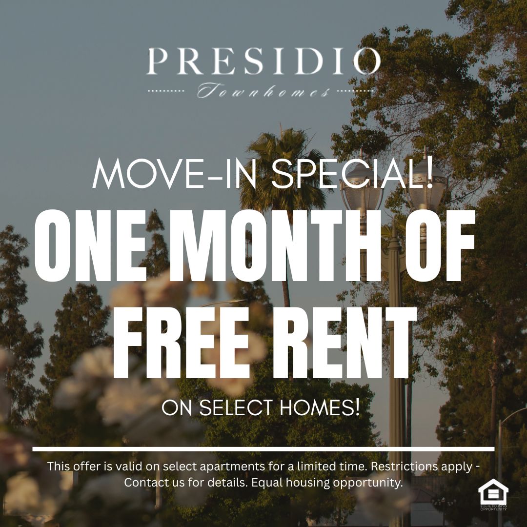 Background of Anaheim California with palm trees and a street light text reads Move-In Special one month of free rent on select homes This offer is valid on select apartments for a limited time. Restrictions apply Contact us for details Equal housing opportunity