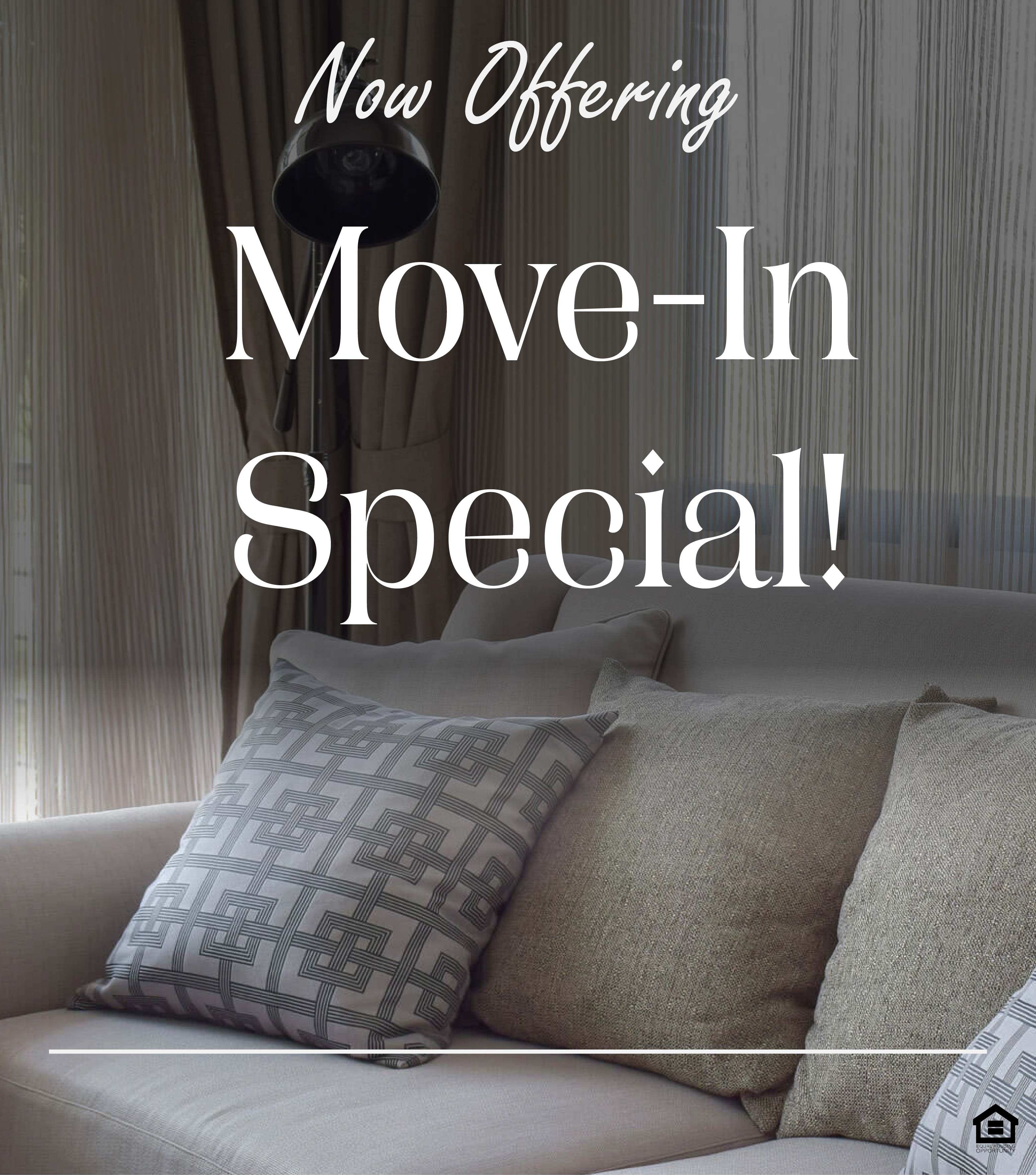 A white couch with decorative pillows situated in front of a large window and a steel lamp. The text on the image says, "Now offering move-in special!"