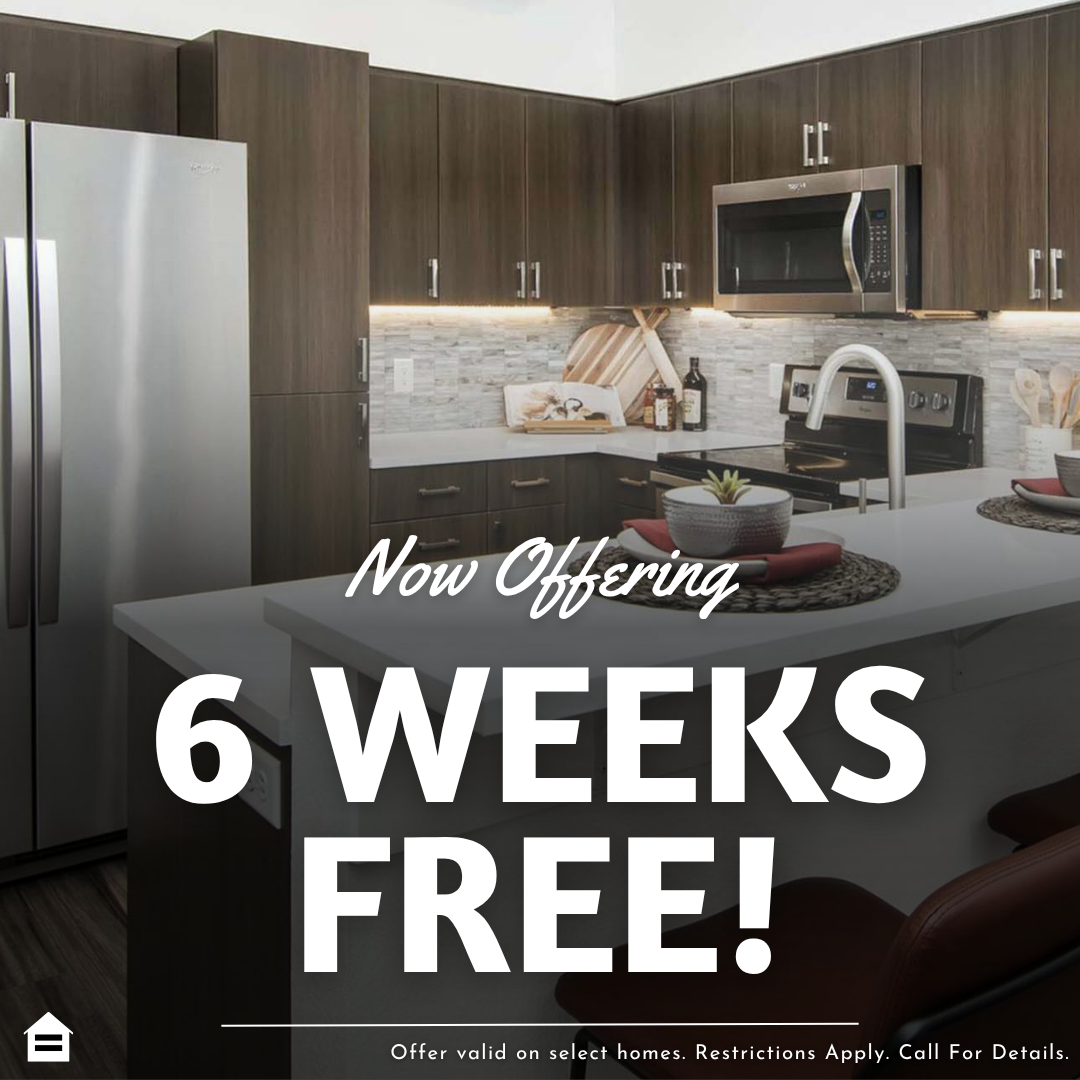 Promotional graphic featuring a background photograph of a modern apartment kitchen with dark wood cabinets, stainless steel appliances, and a light-colored countertop. Large white text in the center reads "Now Offering 6 WEEKS FREE!". Smaller text along the bottom states "Offer valid on select homes. Restrictions Apply. Call For Details.". An Equal Housing Opportunity logo is located in the bottom left corner.