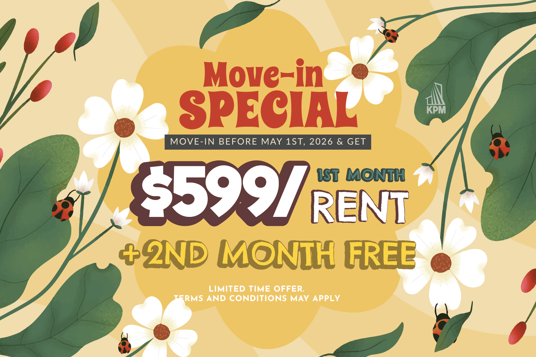 Move-in before May 1st & get $599/ 1st month rent + 2nd month free