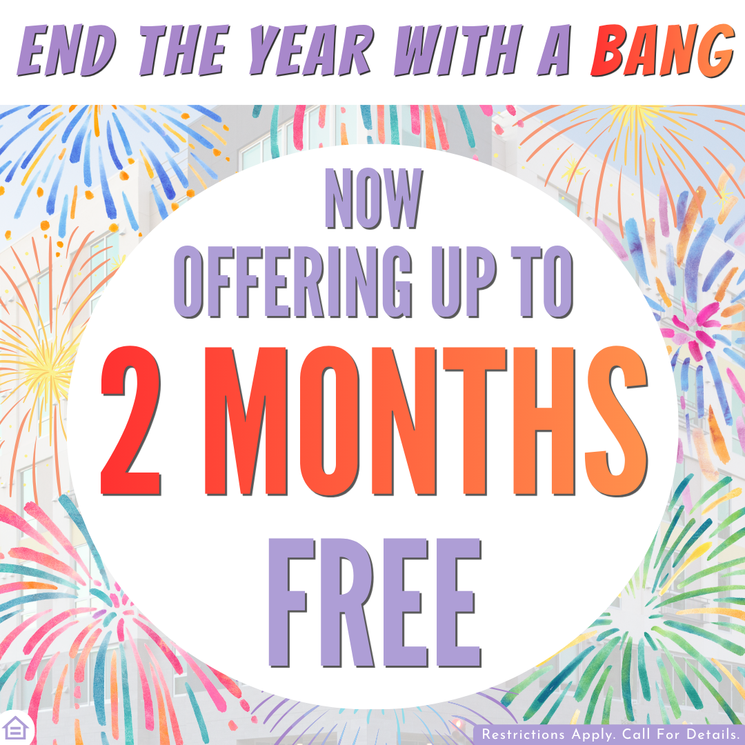 “Colorful promotional graphic with illustrated fireworks surrounding a large white circle. Text reads: ‘End the year with a bang. Now offering up to 2 months free.’ Small print at the bottom says ‘Restrictions apply. Call for details.’”