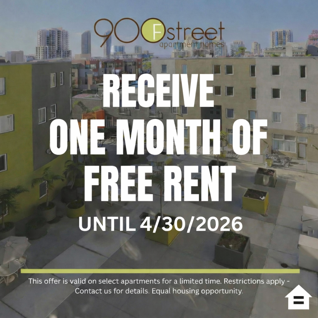An advertisement for '900 F Street Apartment Homes', featuring an aerial view of an apartment complex courtyard with patio furniture and a city skyline. Overlaid bold white text reads: 'ONE MONTH OF FREE RENT'. Below this, smaller text reads: 'UNTIL 3/31/2026'. At the bottom, a horizontal line separates the disclaimer text: 'This offer is valid on select apartments for a limited time. Restrictions apply - Contact us for details. Equal housing opportunity.' The Equal Housing Opportunity logo is in the