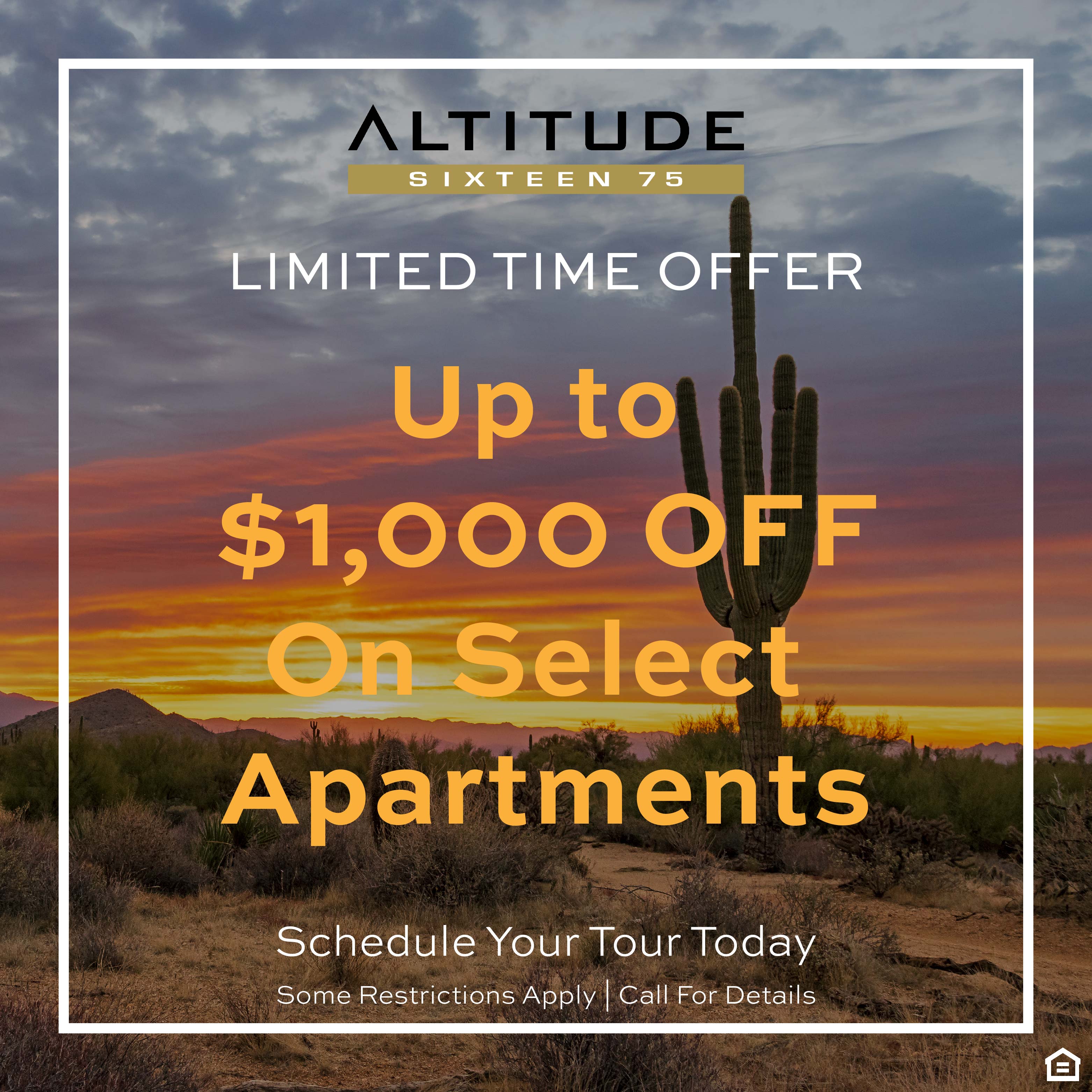 Promotion image stating up to 1,000 dollars Off Select Apartments, some restrictions apply