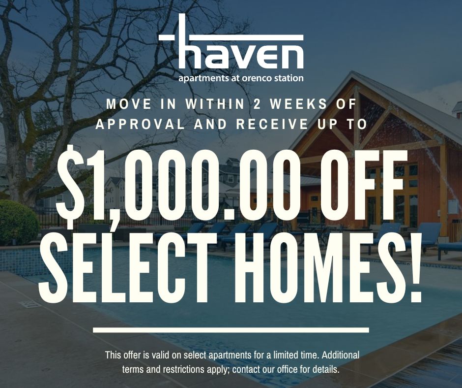 Haven apartments at orenco station. Move in within 2 weeks of approval and receive up to $1,000 off select homes! This offer is valid on select apartments for a limited time. Additional terms and restrictions apply; contact our office for details.