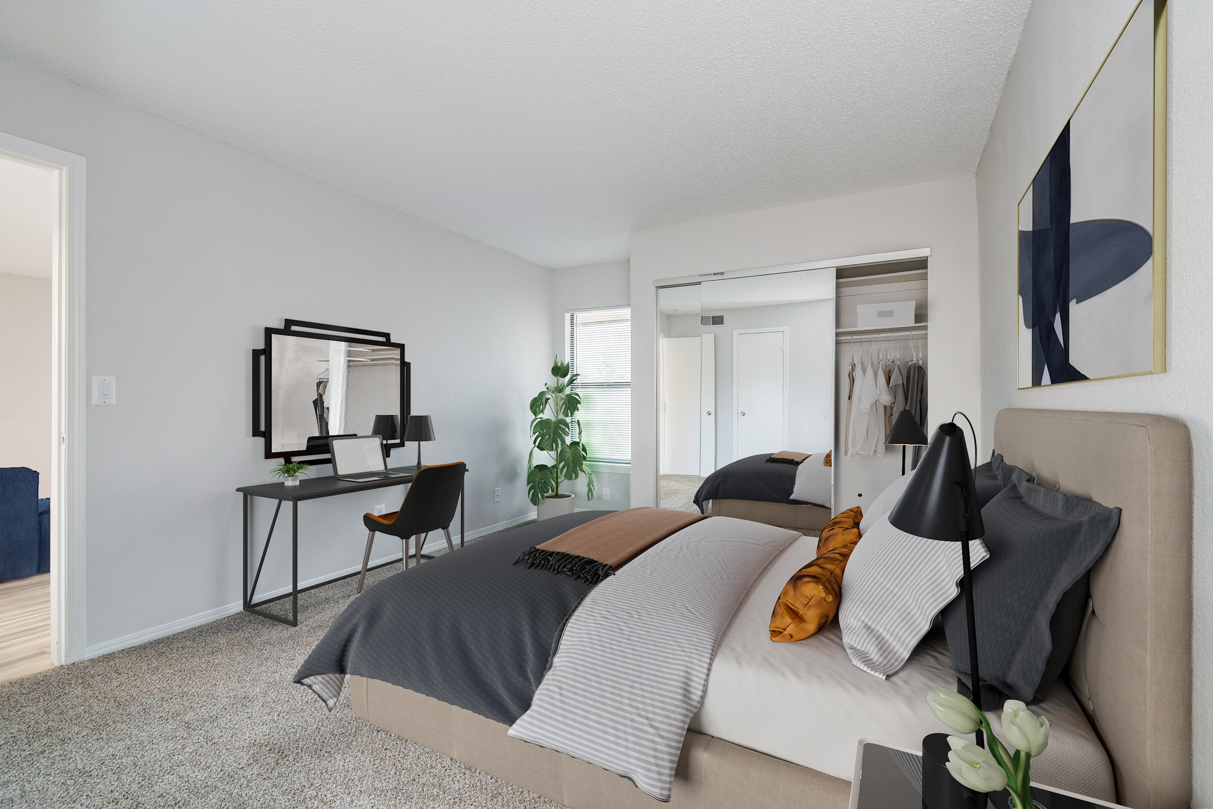 Fully furnished bedroom interior at Rainbow Ridge in Kansas City, Kansas