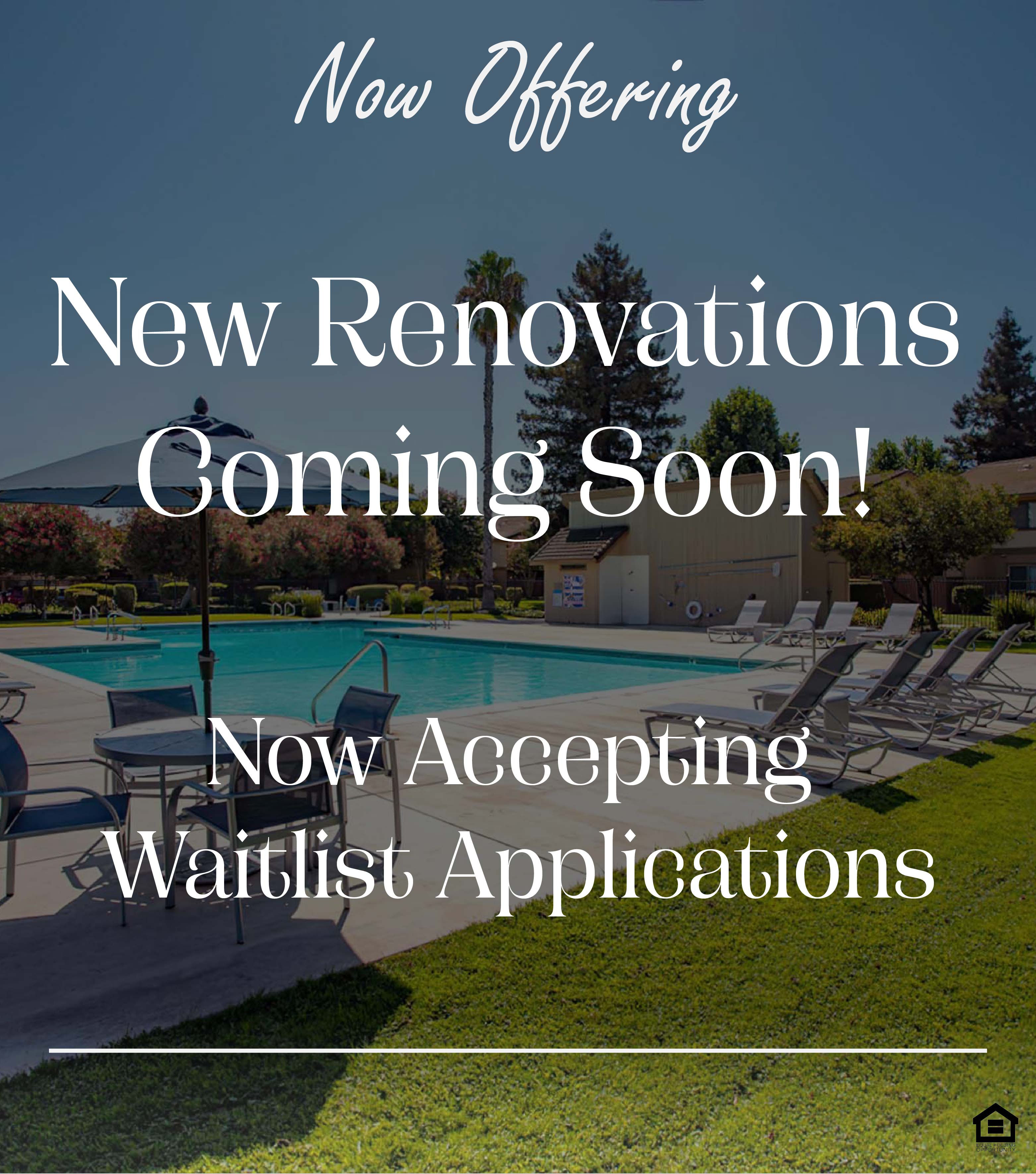 Swimming pool with lounge chairs The text on the image says, "Now Offering New Renovations Coming Soon! Now Accepting Waitlist Applications."