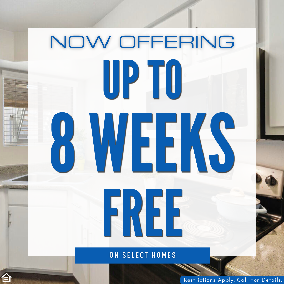 Promotional graphic announcing a special leasing offer that reads “Now Offering Up to 8 Weeks Free on Select Homes.” The text is bold in blue over a faint background image of a modern kitchen with white cabinets, stainless steel appliances, and granite-style countertops. A small disclaimer at the bottom states “Restrictions Apply. Call For Details.”