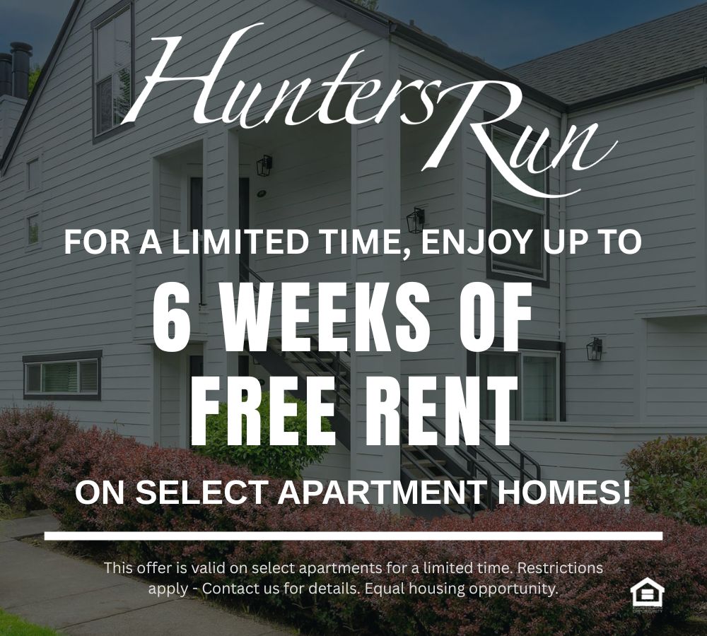 Marketing promotional graphic background is of the exterior of the community's unit text reads for a limited time enjoy up to 6 weeks of free rent This offer is valid on select apartments for a limited time Restrictions apply Contact us for details Equal housing opportunity