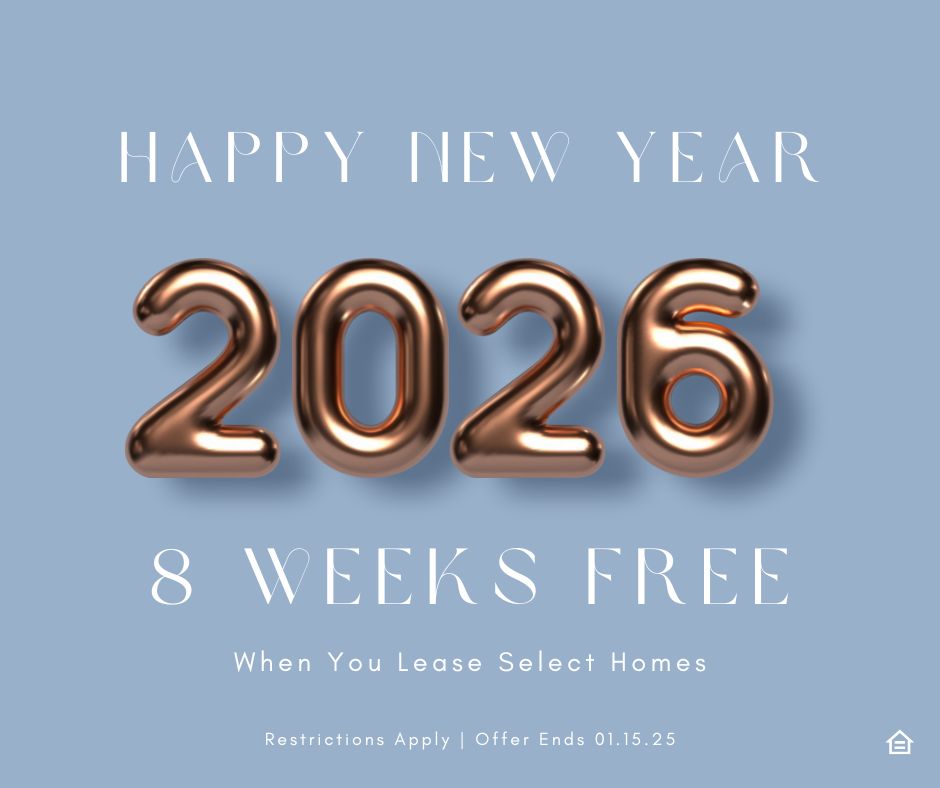 A light blue New Year themed graphic featuring large metallic 2026 balloon numbers centered on the page. Text above says Happy New Year and text below announces 8 Weeks Free when you lease select homes, with a note at the bottom that restrictions apply and the offer ends 01.15.2025.