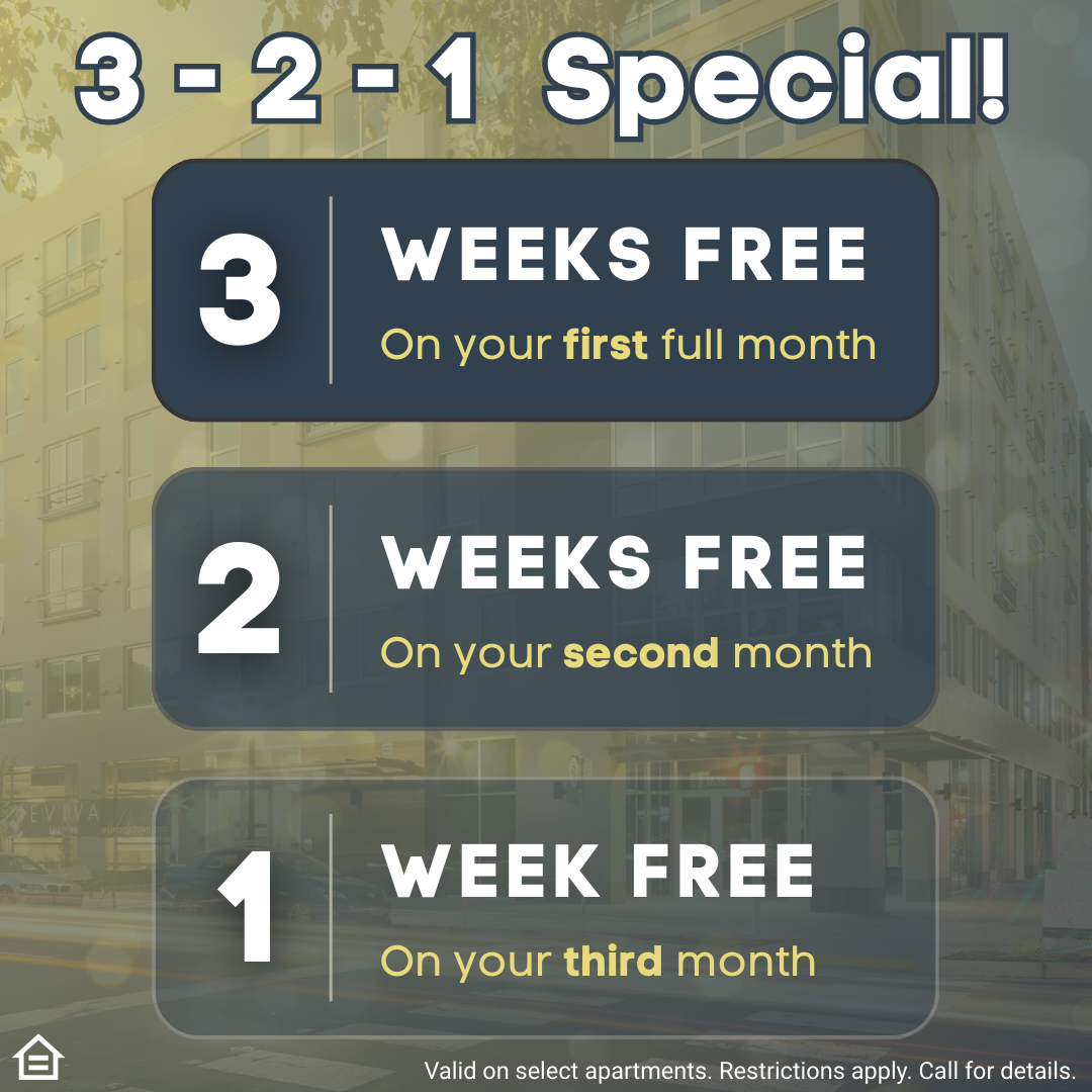 Gemini said An image of a promotional graphic titled "3 - 2 - 1 Special!" is displayed on a blurred background of a modern apartment building and a street scene. Three stacked, gray panels details the offer. The top panel, for the number 3, includes the text "WEEKS FREE On your first full month." The middle panel, for the number 2, includes the text "WEEKS FREE On your second month." The bottom panel, for the number 1, includes the text "WEEK FREE On your third month." Gold text highlights the specific mont