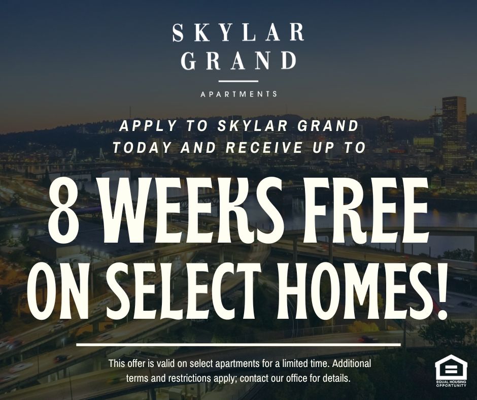 Skylar Grand Apartments. Apply to Skylar Grand today and receive up to 8 WEEKS OF FREE ON SELECT HOMES!  This offer is valid on select apartments for a limited time. Additional terms and restrictions apply; contact our office for details.
