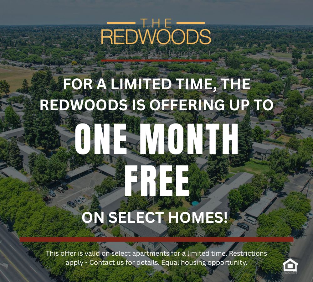 Promotional graphic background is an Ariel view of The Redwoods community text reads for a limited time the redwoods is offering up to one month of free rent on select homes This offer is valid on select apartments for a limited time Restrictions apply Contact us for details Equal housing opportunity