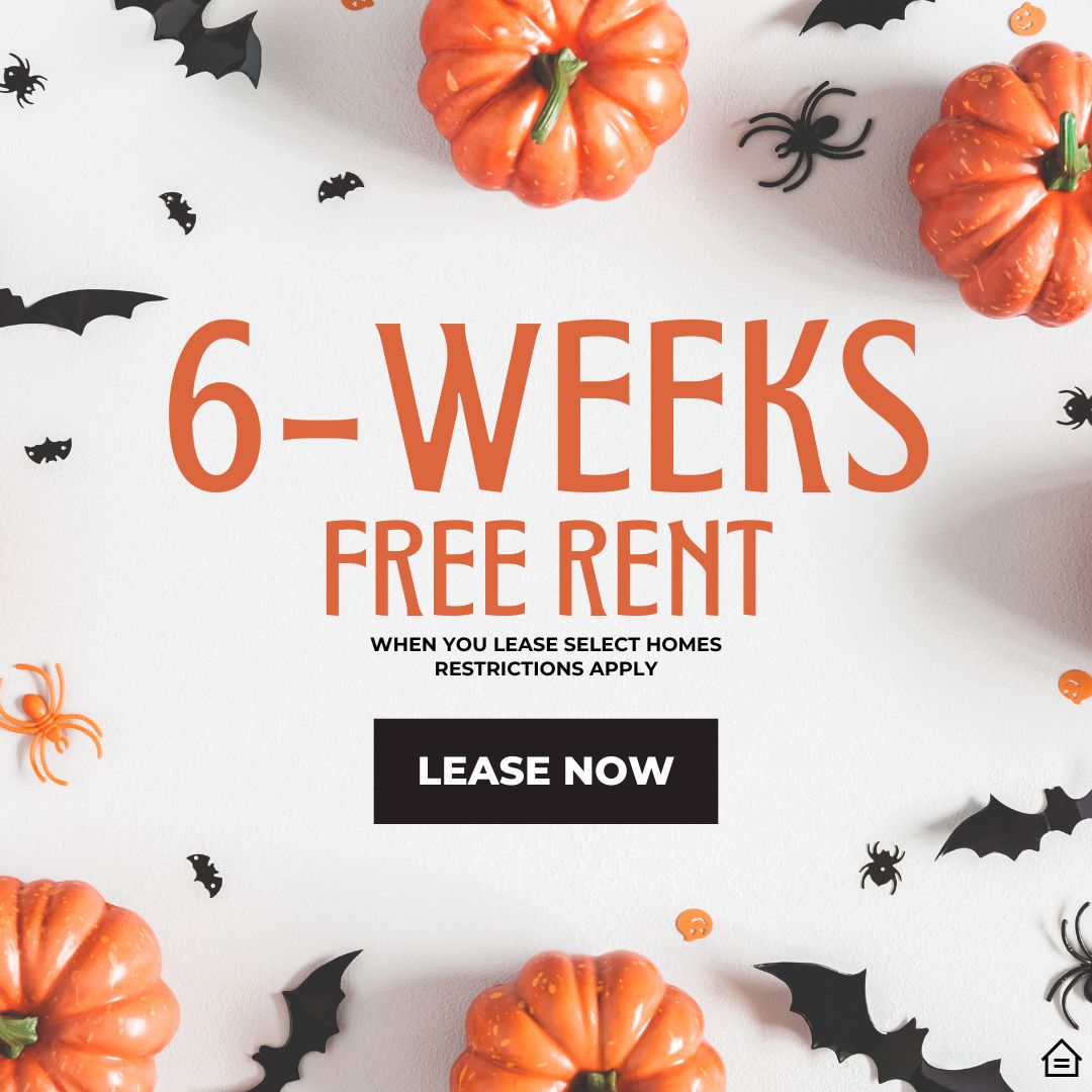 Graphic design image of pumpkins and bats with overlay text that reads 6-weeks free rent when you lease select homes restrictions apply lease now.