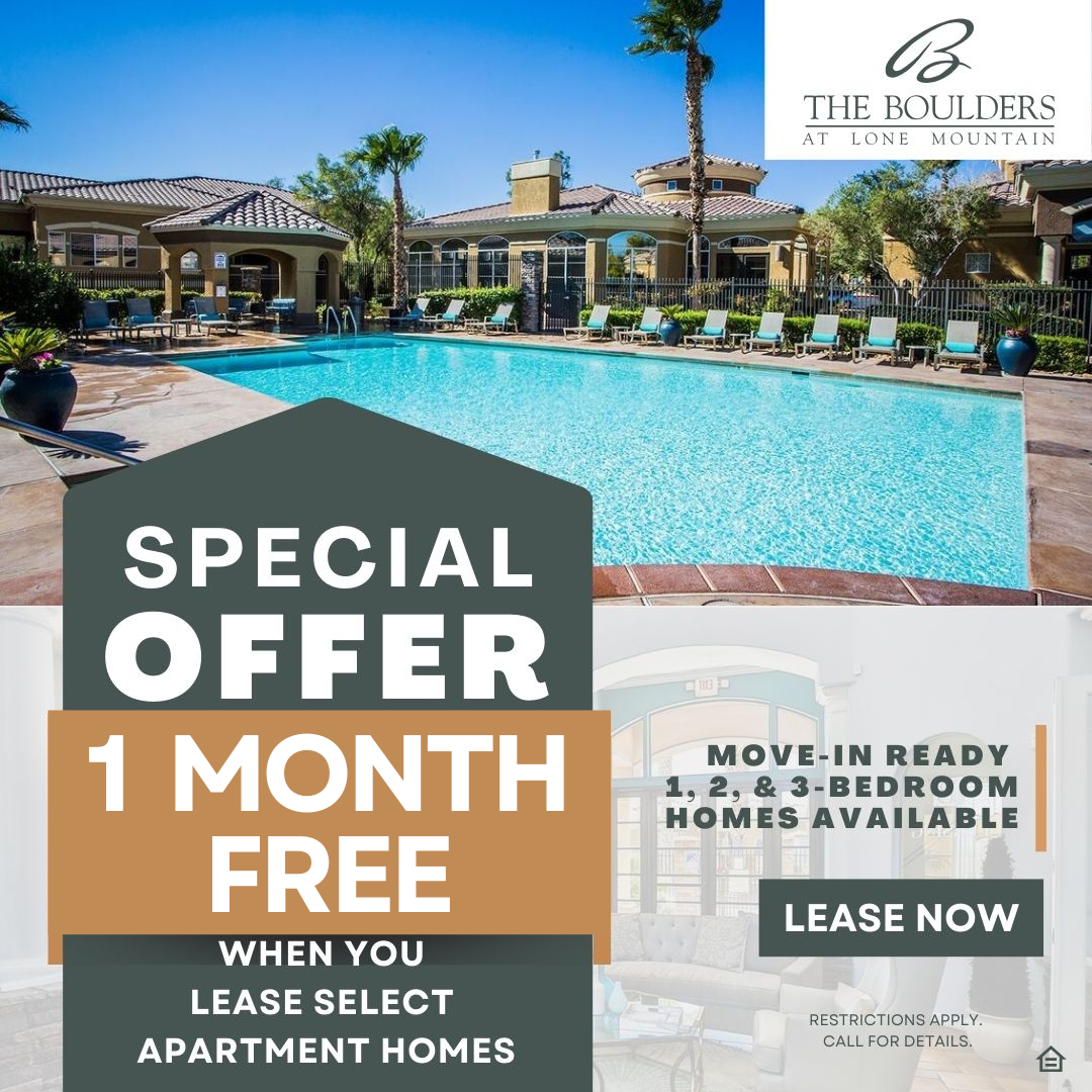 Promotional graphic for The Boulders at Lone Mountain apartment community. The top half shows a bright, sunny pool area with lounge chairs, palm trees, and tan-colored buildings with red tile roofs. The logo for The Boulders at Lone Mountain appears in the upper right corner. Overlaid text in bold letters reads: “SPECIAL OFFER – 1 MONTH FREE when you lease select apartment homes.” Additional text on the right says, “Move-in ready 1-, 2-, & 3-bedroom homes available. Lease now.” Small print at the bottom not