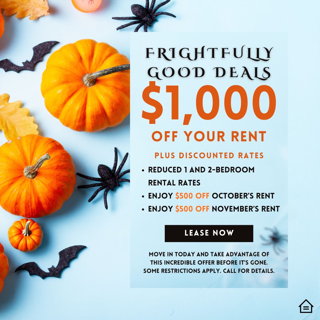 graphic design image of pumpkins bats leaves with overlay text that reads: Frightfully good deals $1000 off your rent plus discounted rates reduced 1 and 2 bedroom rates enjoy $500 off october and $500 off november rent. Restrictions apply.