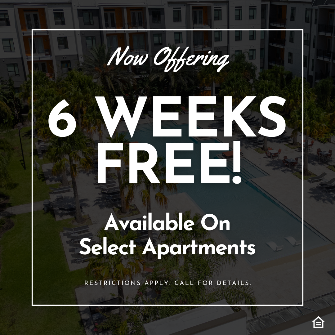Ad with luxury apartments and pool in the background with overlaying text reading now offering 6 weeks free! available on select apartments restrictions apply. call for details.