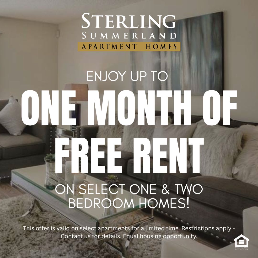 A cozy living room featuring a light-colored wall two gray sofas with decorative pillows a glass coffee table and a lamp Natural light streams in through sliding glass doors that lead to a small outdoor space Decorative touches include a piece of abstract art and a potted plant on a side table text reads enjoy up to one month of free rent on select one and two bedroom homesThis offer is valid on select apartments for a limited time Restrictions apply Contact us for details Equal housing opportunity