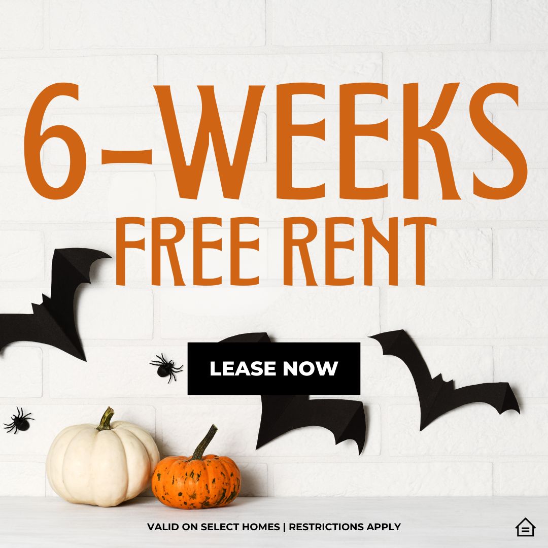 Graphic design image with bats, pumpkins, and spiders with overlay text that reads: 6-Weeks Free Rent, Lease Now. Valid on select apartment homes. restrictions apply.