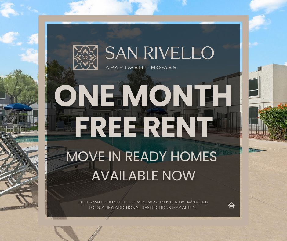 Promotional pop up graphic for San Rivello Apartment Homes featuring the resident pool area. The text reads: 'One Month Free Rent. Move-in ready homes available now.' Offer is valid on select homes and requires move-in by April 30, 2026.