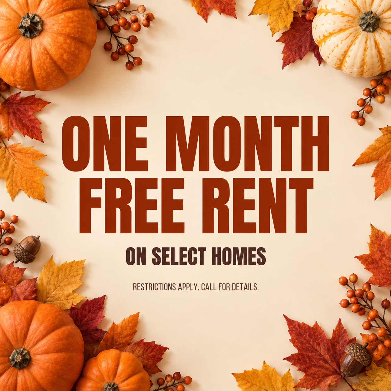 Enjoy ONE MONTH of FREE RENT when you lease select apartment homes! 🍂 Offer valid for a limited time only. Terms & restrictions apply. Contact us for details. Equal housing opportunity.