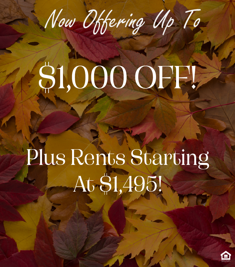 Overlapping autumn leaves in vivid yellow, orange, brown, green, and red tones. The text on the image says, "Now offering up to $1,000 off! Plus rents starting at $1,495!"