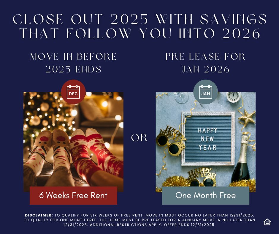 A navy winter themed leasing graphic with two specials. The left side shows a December calendar icon above a cozy holiday socks photo with a red banner that says six weeks free rent. The right side shows a January calendar icon above a New Years themed display with a gray banner that says one month free. The headline reads close out 2025 with savings that follow you into 2026, and a disclaimer at the bottom notes eligibility requirements and the 12/31/2025 expiration date.