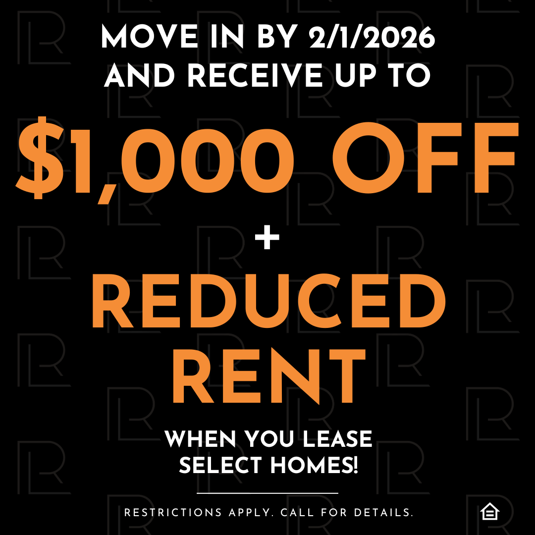 Promotional graphic on a black background with a repeating logo pattern. White text reads, 'Move in by 2/1/2026 and receive up to,' followed by large orange text stating, '$1,000 OFF + REDUCED RENT' when you lease select homes. Fine print at the bottom notes, 'Restrictions apply. Call for details,' alongside an Equal Housing Opportunity icon.