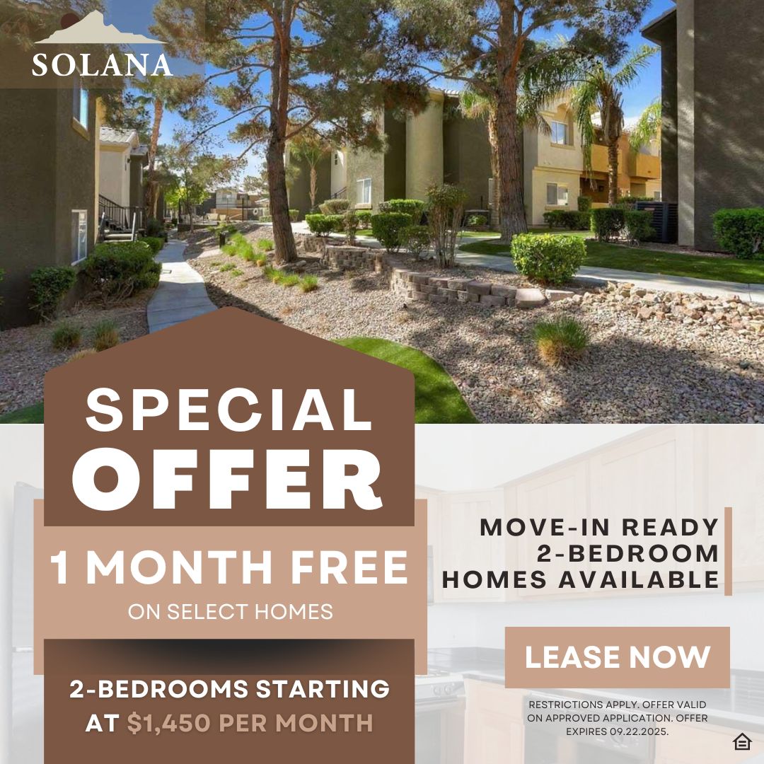 Graphic design pop-up image showing community grounds and buildings on top with interior kitchen on bottom with overlay text that reads: Special offer 1 month free on select homes. 2-bedrooms starting at $1450 per month, Move In Ready 2-bedroom homes available lease now restrictions apply
